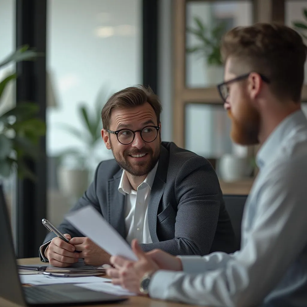 Consultor presentando estrategia digital en pantalla grande a clientes atentos